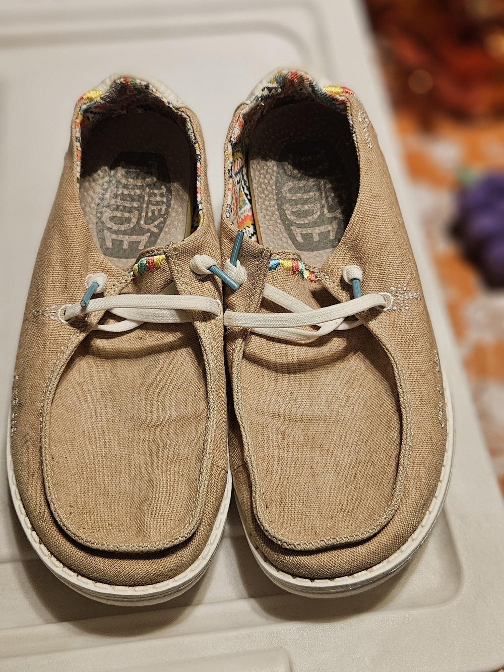 Hey Dude Kids Tan Canvas Slip-On Sneakers with Multicolor Trim